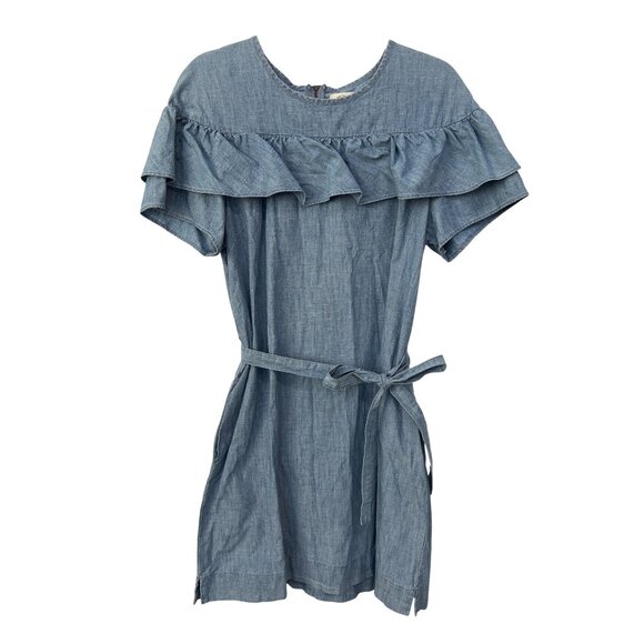 J Crew Chambray Dress Size 12 Ruffle Short Sleeve Tie Waist Blue Cotton Modern - Picture 2 of 11